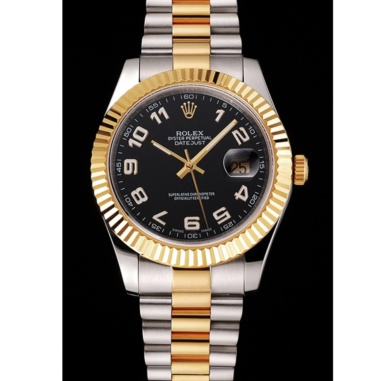 Aaa replica watch Swiss Two Dial Black Tone Gold Bracelet Steel Stainless Bezel Case Rolex Datejust 0725
